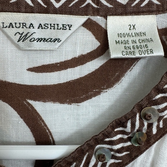 Laura Ashley Size 2X White Brown 3/4 Sleeve 100% Linen Beaded Tunic Blouse - Picture 3 of 7